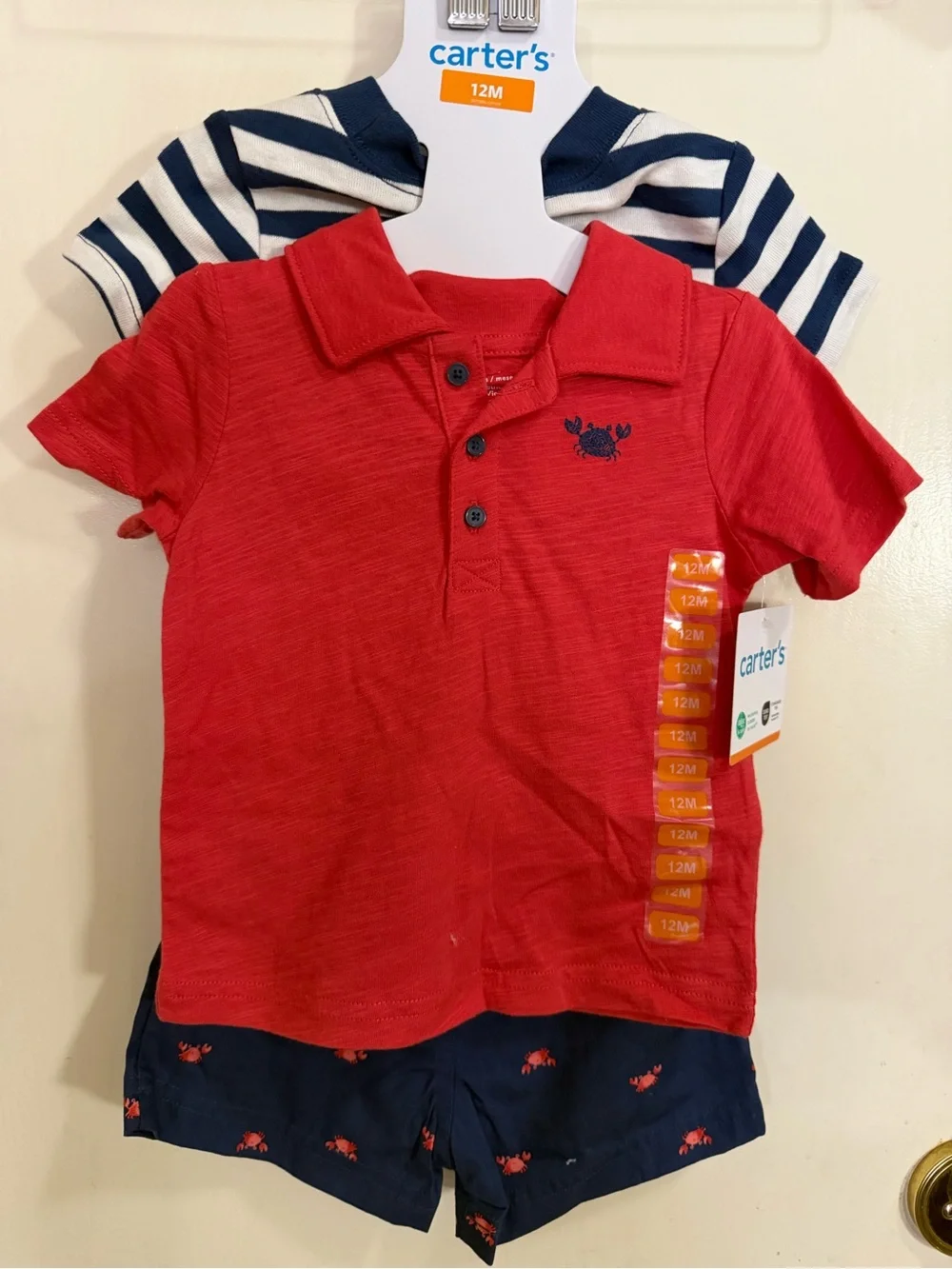 Carter's 3 Piece Set Red Polo Baby Boy Shirt & Navy Crab Shorts Set - 12M(172)